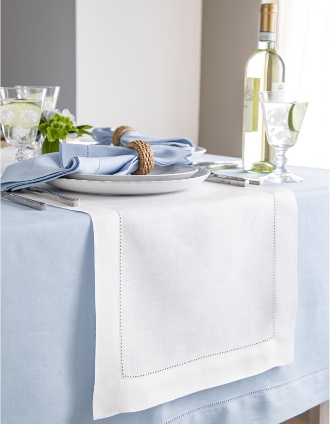 Solino Home 100% Pure Linen Dining Table Runner White Hemstitch, 14 x 90 in | - Image 2