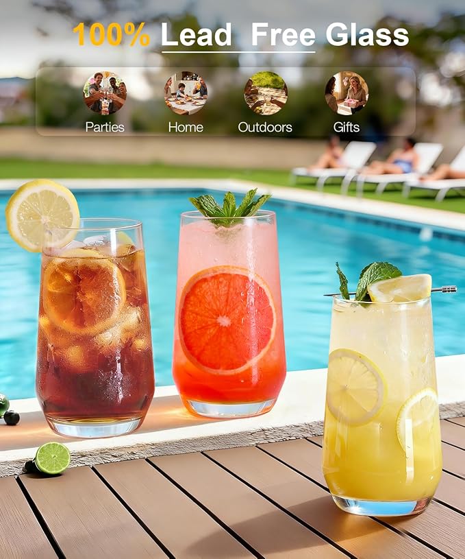 16oz Drinking Glasses Set of 8, Lead-Free Crystal Tall Water Glass Glassware | - Image 3