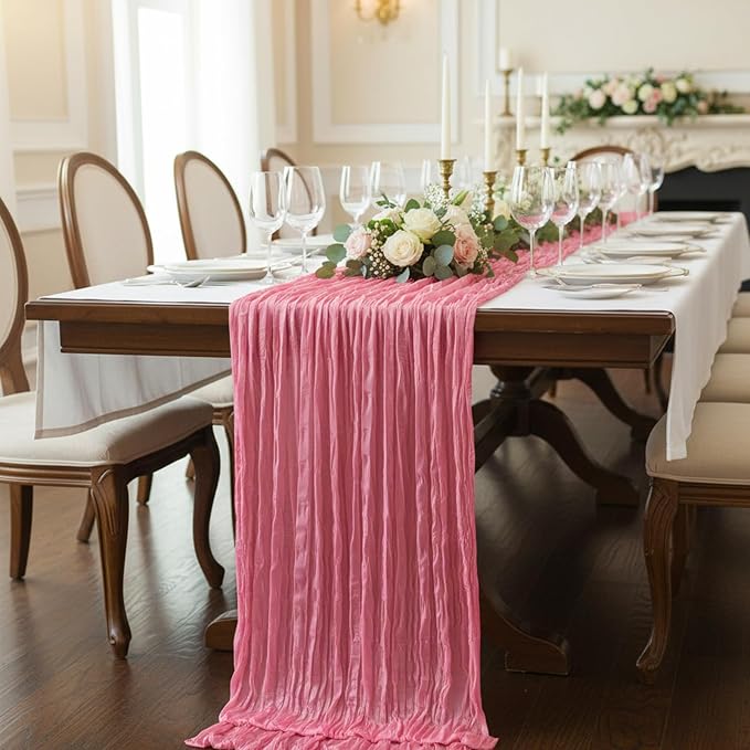 3 Pack Rose Pink Cheesecloth Table Runner 120 Inch Boho Wedding Decor | - Image 7