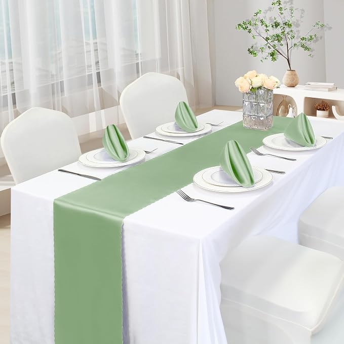 VACVELT Sage Green Satin Table Runners, 12x72 Inch, 12 Pack, Scalloped Edge | - Image 2