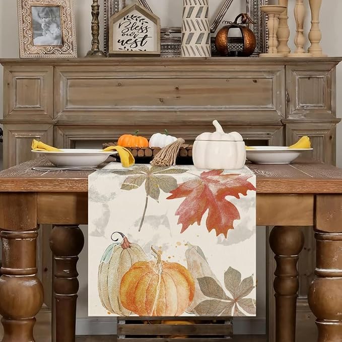 Fall Table Runner Pumpkin Maple Leaf Watercolor Vintage Table Runners Seasonal - Image 2