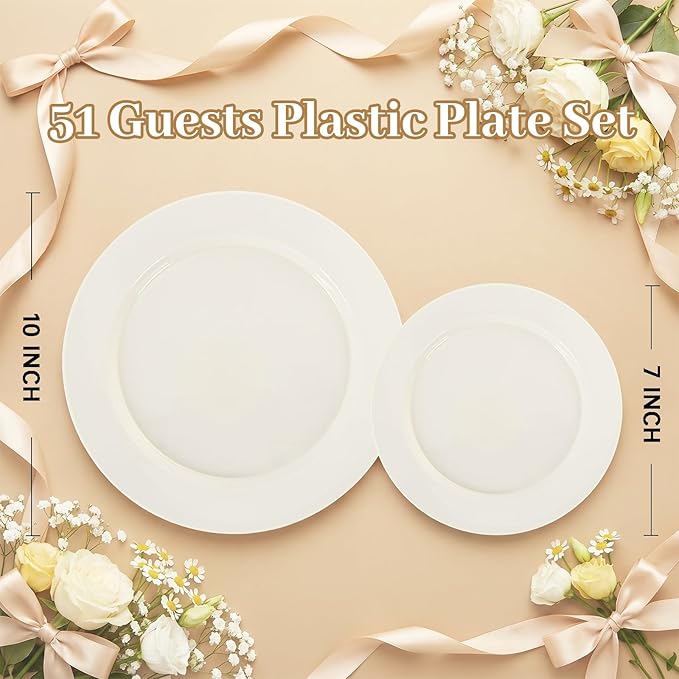 102 Pcs Ivory Plastic Plates, Disposable Party Plates Include 51 Ivory Dinner - Image 7
