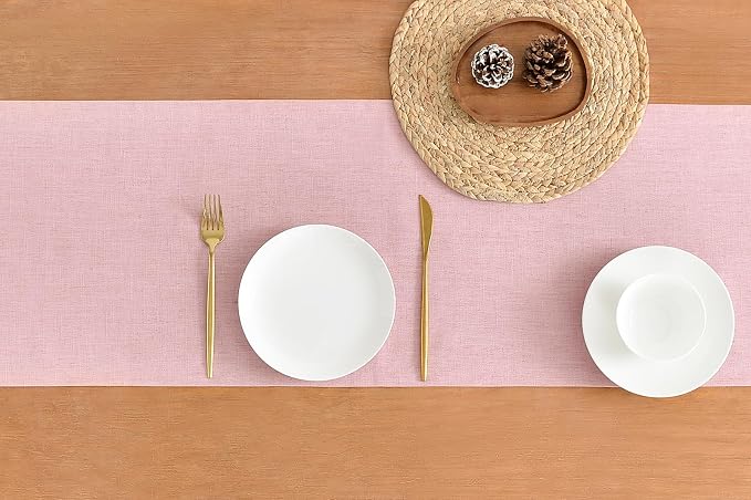 Wracra Linen Table Runner, Burlap Pink Table Runners 108 Inches Long | Rich - Image 2