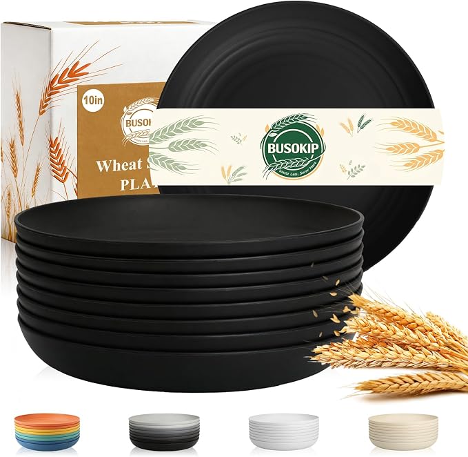 Dinner Plates Set 10 Inch, Unbreakable Wheat Straw Plates 8 PCS, Alternatives by BUSOKIP
