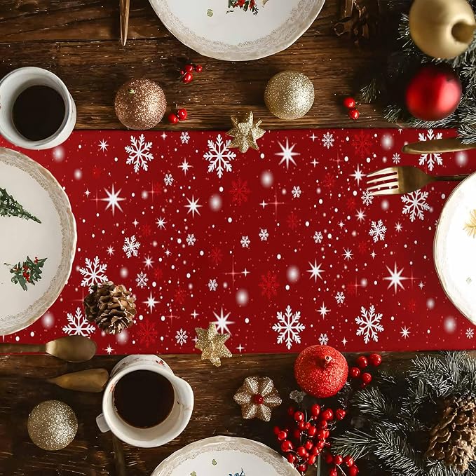 Red Christmas Table Runner 108 Inches Long, Xmas Tree Balls Snowflake Table - Image 4