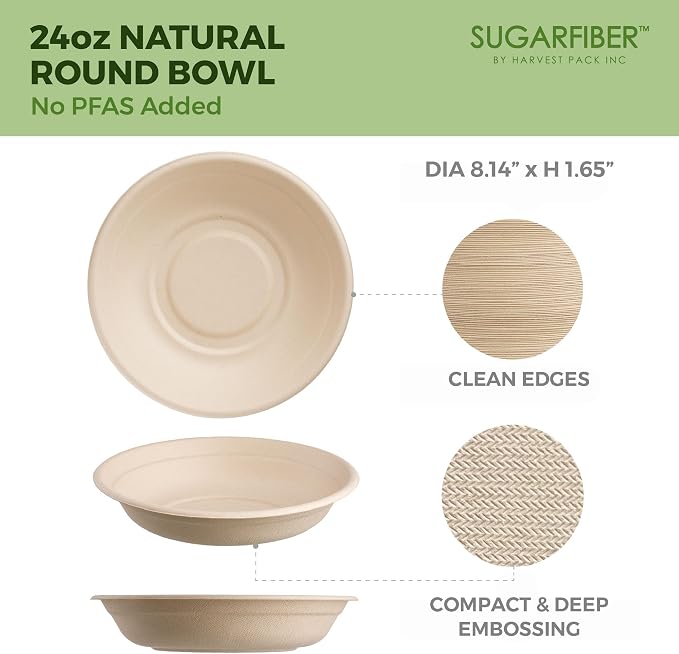 Harvest Pack PFAS FREE 24oz Compostable Bowls, Round Paper Bowls Heavy-Duty - Image 2