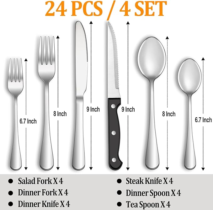 24 Pcs Silverware Set with Steak Knives - Image 2