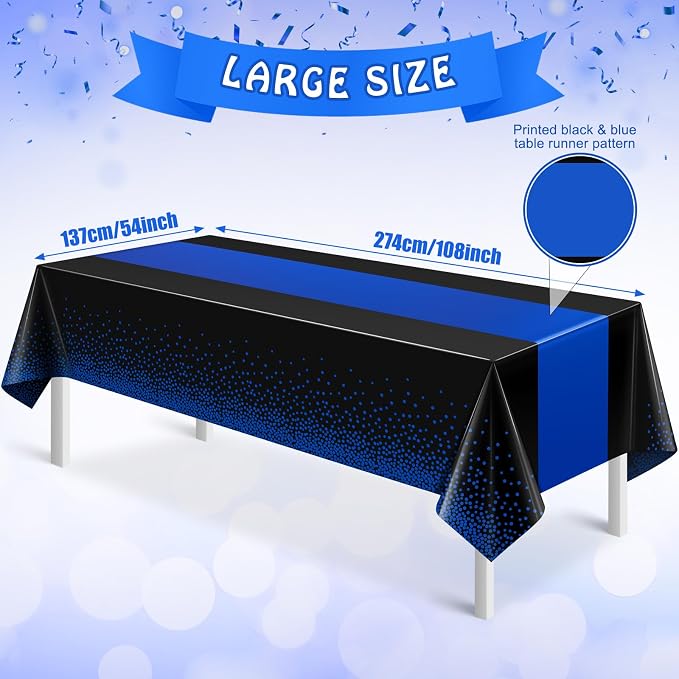 MASHAN 3Pcs Black and Blue Tablecloth Party Decorations, Plastic Black Table - Image 2