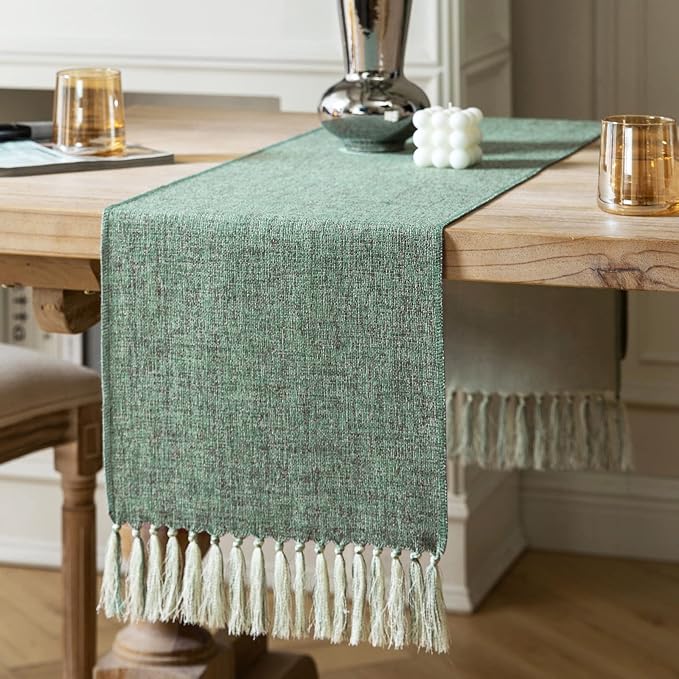 Green Table Runners 90 Inches Long, Burlap Linen Style Rustic Farmhouse Table by ZEEMARTONLINE