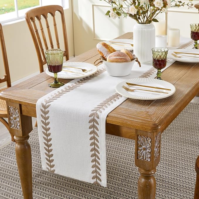 Wracra Embroidered Table Runner, Taupe Table Runners 36 Inches Long | Irregular - Image 2