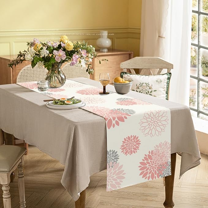 Pink Gray Mother's Day Table Runner Dahlia Pinnata Flower Beige Table Runners - Image 2