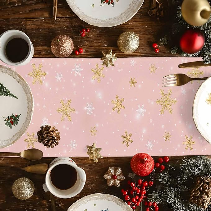 Pink Christmas Snowman Short Table Runners 36 Inches, Cotton Linen Fabric - Image 6