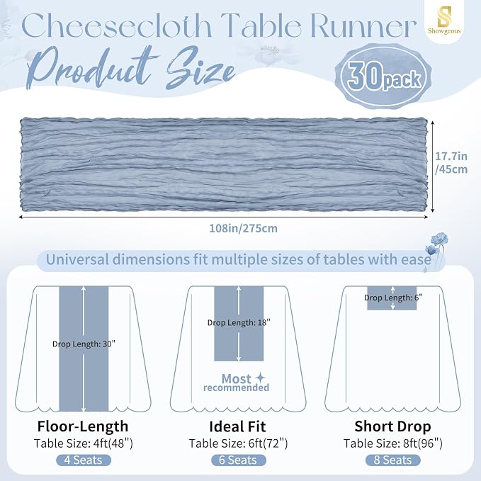 Showgeous 30 Pack Dusty Blue Cheesecloth Table Runner, 17 x 108 Inches | Boho - Image 2