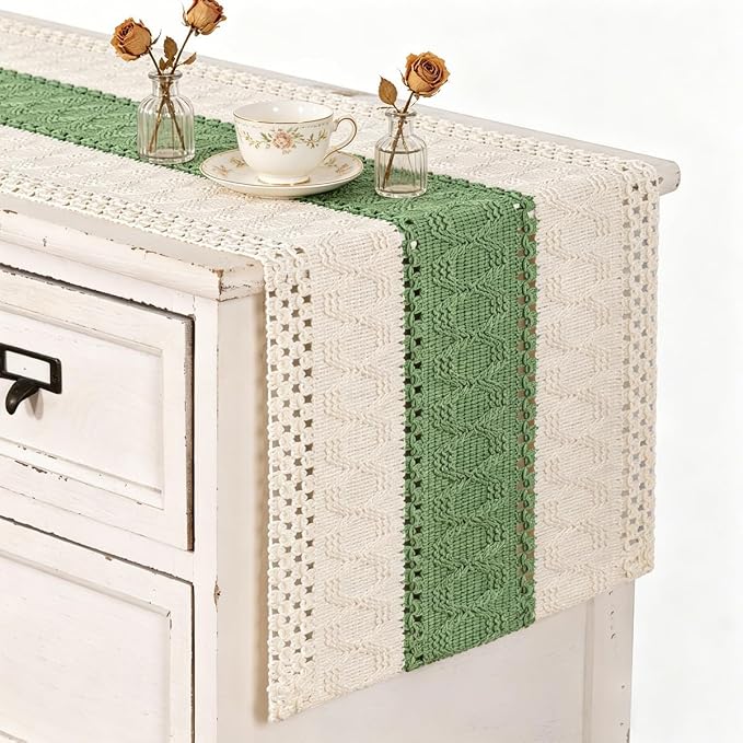 MLMC Ivory & Sage Boho Table Runner Macrame Woven Table Runner 12x36 Inch | - Image 2