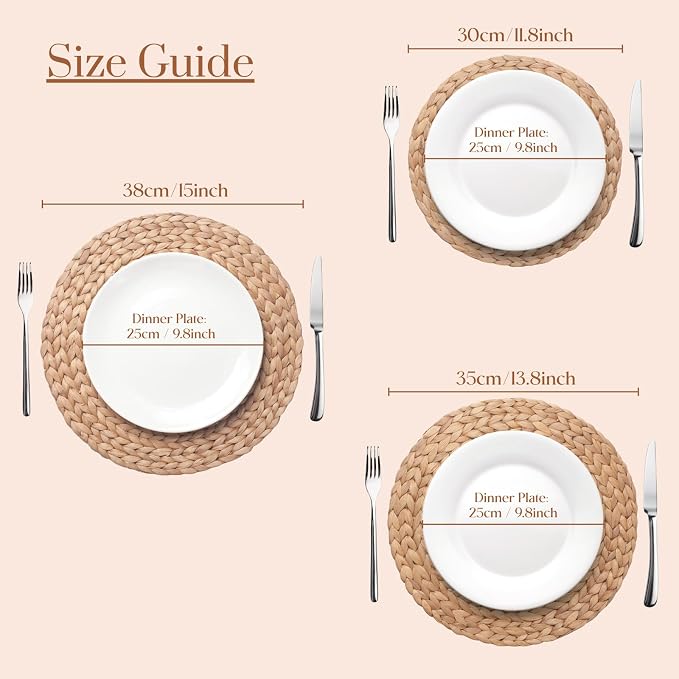 YANGQIHOME 6 Pack, Round Woven Placemats, Natural Water Hyacinth Wicker Place - Image 4