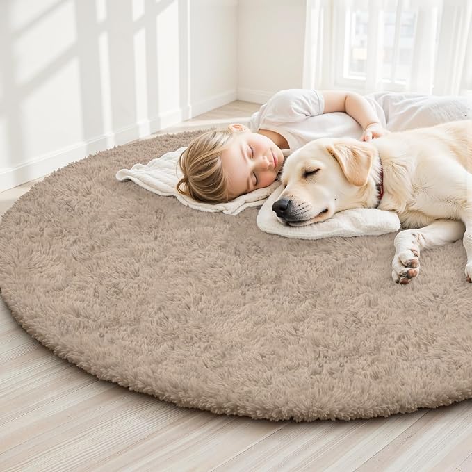Beige Round Fluffy Rug 6ft, Soft Bedroom Circle Rugs Mats - Image 6