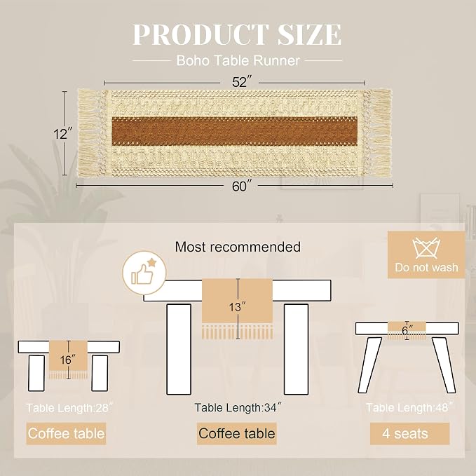 Boho Table Runner for Home Decor 12x60 Fall Coffee Table Decor Caramel | 60 - Image 2