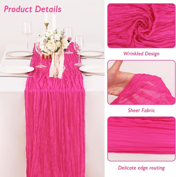 1 Pack Hot Pink Cheesecloth Table Runner 120 Inch Boho Wedding Decor | - Image 3
