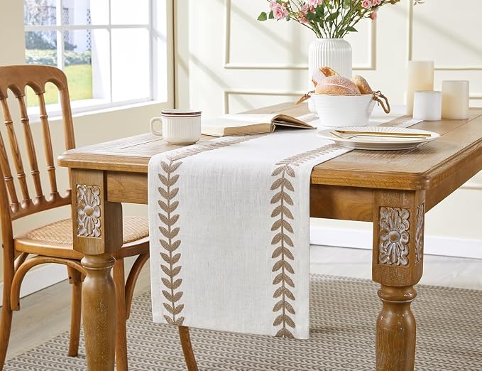 Linen Embroidered Table Runner, Taupe Table Runners 36 Inches Long | Linen - Image 7