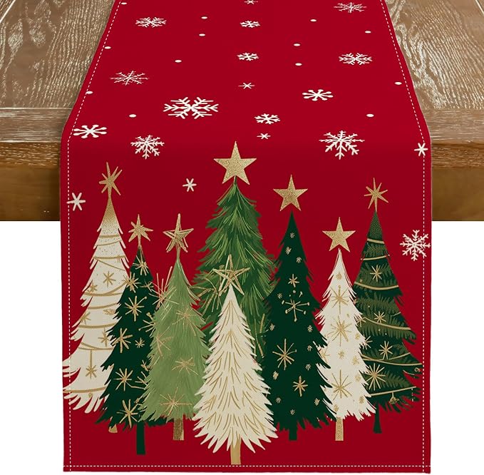 Christmas Table Runner 13x120 Inch, Xmas Trees Snowflakes Holiday Decorative by GEEORY