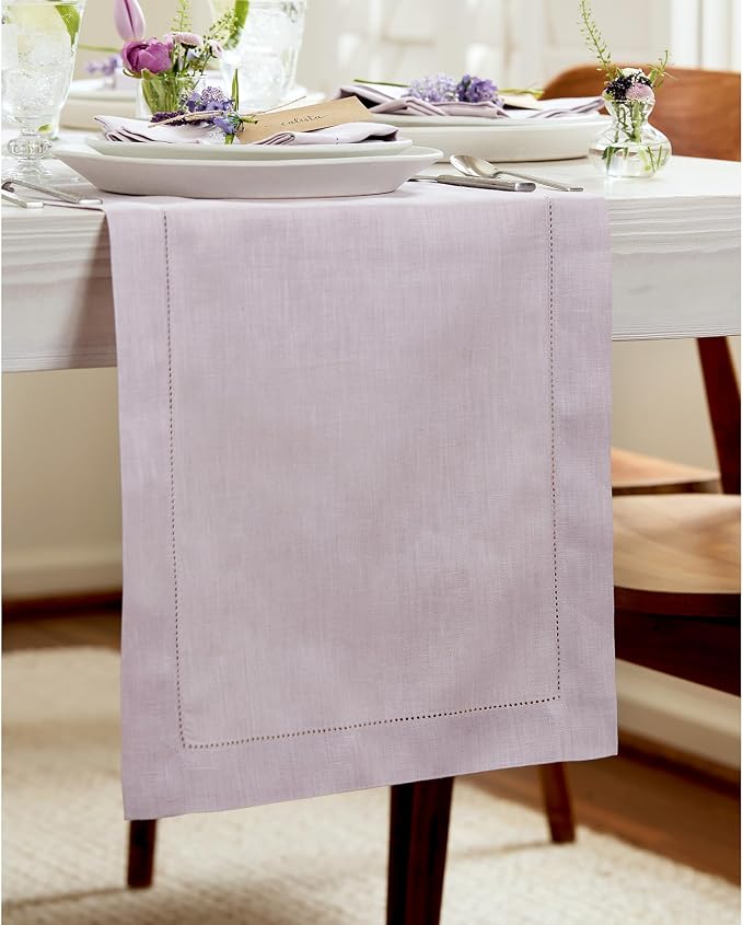 Solino Home 100% Pure Linen Dining Table Runner Lilac Hemstitch, 14 x 48 in | - Image 2