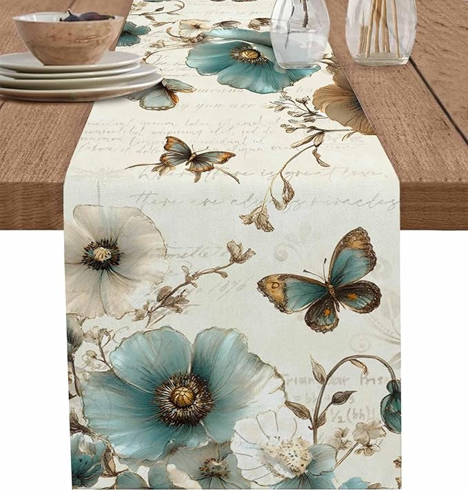 Turquoise Tulip Table Runners 70 Inches Long, Spring Vintage Botanical Table by Unknown
