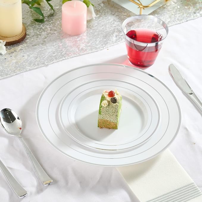 FOCUSLINE Silver Plastic Plates Set of 60, Disposable Plates - Image 3