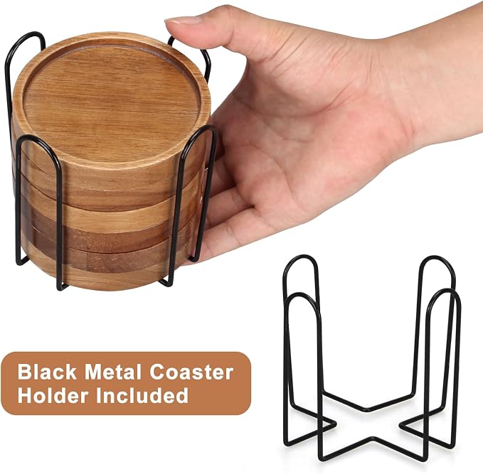 Acacia Wood Coasters Set of 8 Bar Accessories Table Decor Wooden Coaster | - Image 4