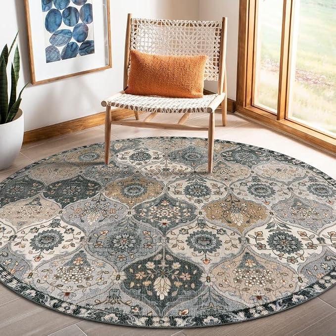 Lahome Moroccan Washable Round Rug 5ft, Soft Vintage Circle Rug by Lahome