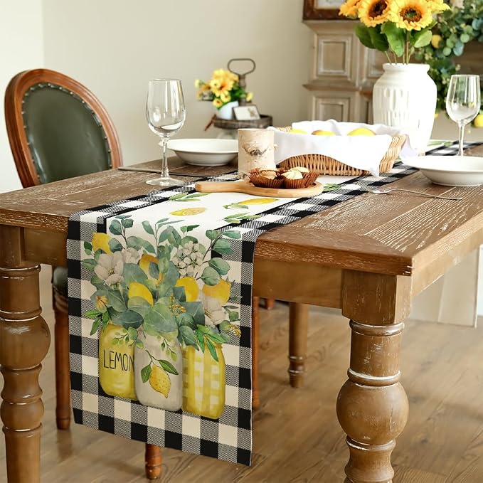 Black Buffalo Check Summer Table Runner 13 x 90 Inch, Lemon Vase Spring - Image 3