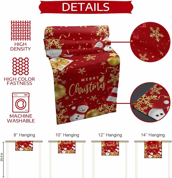 Merry Christmas Table Runner 36 Inches Long, Xmas Balls Snowman Snowflake Table - Image 7