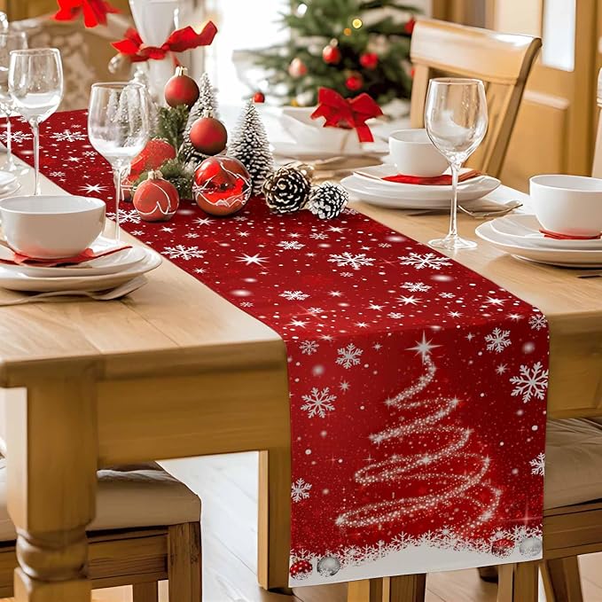 Red Christmas Table Runner 90 Inches Long, Xmas Tree Balls Snowflake Table - Image 9