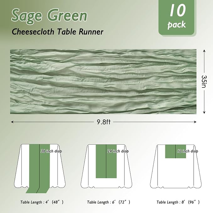 1 Pack Sage Green Cheesecloth Table Runner 120 Inch Boho Wedding Decor | - Image 2