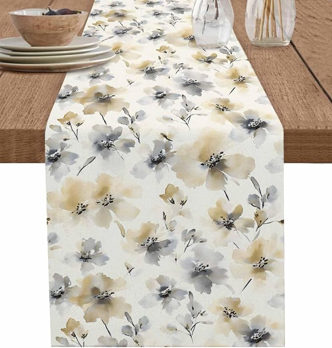 Watercolor Flower Table Runners 70 Inches Long, Cotton Linen Fabric Table by Edwiinsa