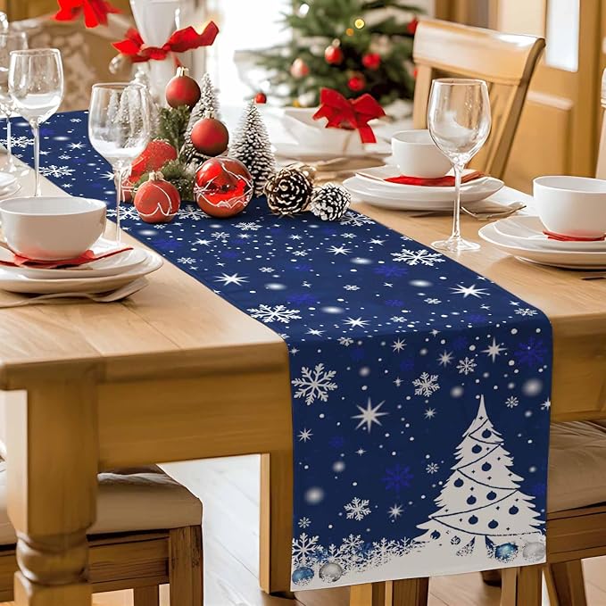 Navy Blue Christmas Tree Table Runner 60 Inches Long, Xmas Balls Snowflake - Image 9