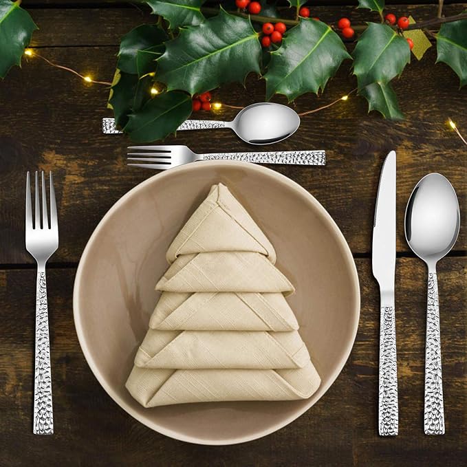 E-far 20-Piece Hammered Silverware Set, Stainless Steel Square Flatware Set - Image 6