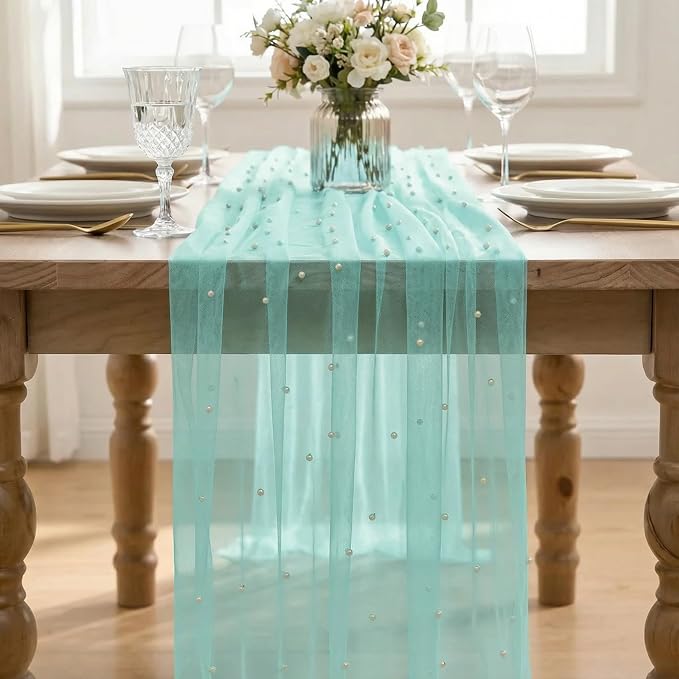 Artoid Mode 3PCS Pearl Turquoise Gauze Table Runner 120 Inch 10FT, Seasonal - Image 2