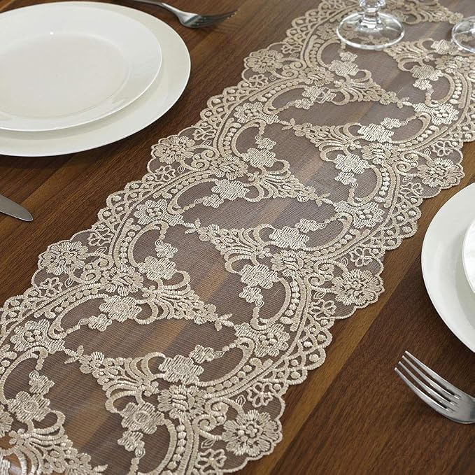 ARTABLE Champagne Lace Table Runner Macrame Dresser Scarf 10 x 110 Inch | - Image 4