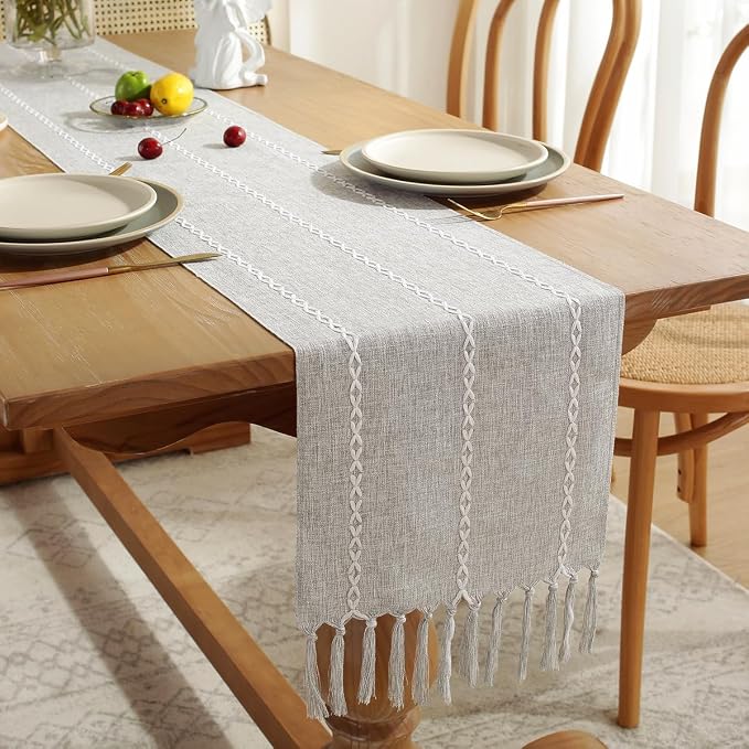 Wracra Rustic Linen Table Runner, Light Grey Table Runners 108 inches Long | - Image 4