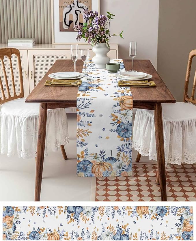 Blue Pumpkin Fall Table Runner 108 Inches Long, Thanksgiving Floral Eucalyptus - Image 4