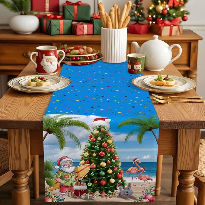 Coastal Christmas Table Runner 108 Inches Long, Xmas Tree Santa Beach Table - Image 5