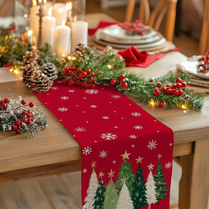 Christmas Table Runner 13x72 Inch, Snowflakes Trees Winter Decor | Holiday - Image 2