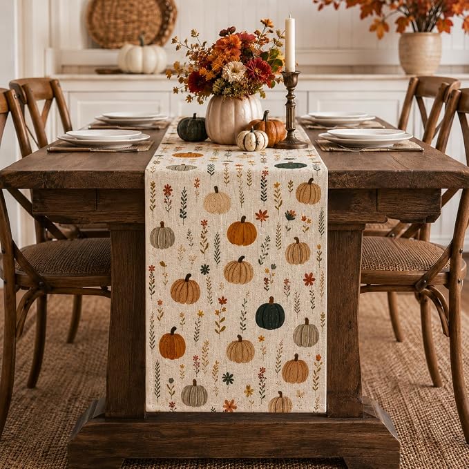 Fall Table Runner 13x72 Inch, Watercolor Pumpkin Floral Autumn Table Decor | by Unknown