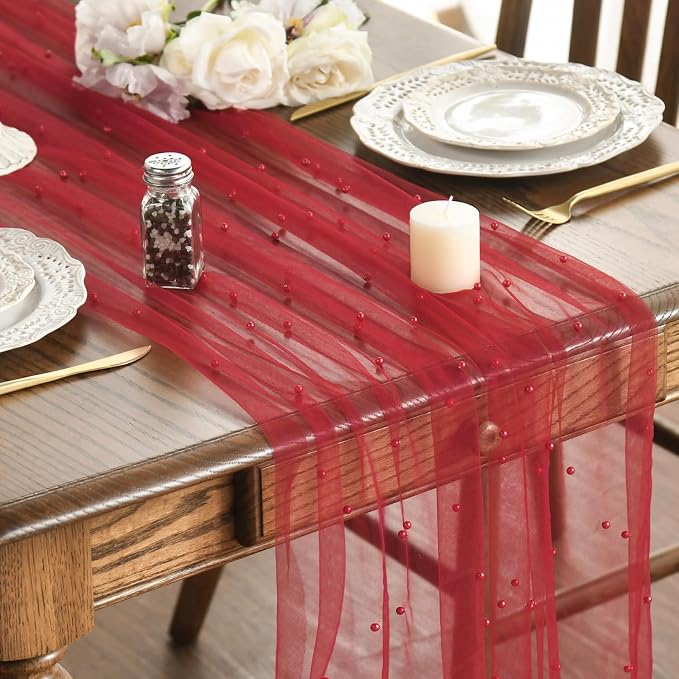 Artoid Mode Pearl Red Gauze Table Runner 120 Inch 10FT, Seasonal Sheer Dining by ArtoidMode