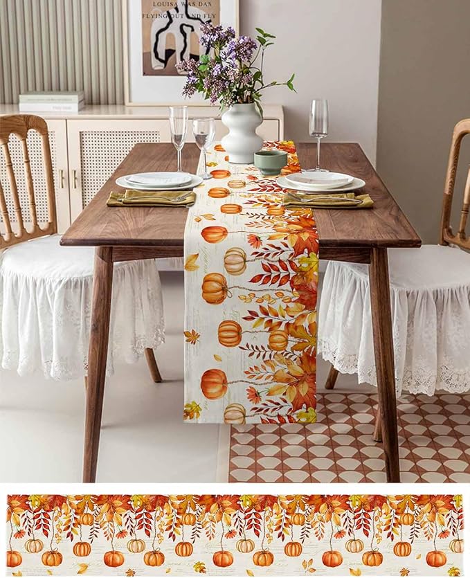 Orange Pumpkin Fall Table Runner 90 Inches Long, Thanksgiving Maple Eucalyptus - Image 4