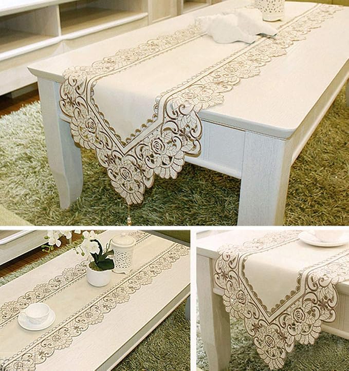 LeLehome Classic Table Runner 15 Inch X 77 Inch, Flower Embroidery Beige Brown - Image 5