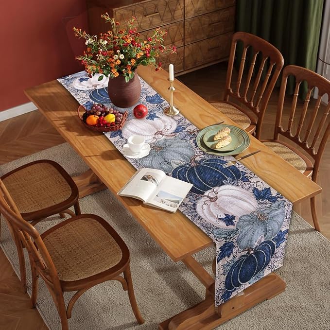 Fall Thanksgiving Table Runner Blue Vintage Pumpkin Decorative 13x90 inches | - Image 5