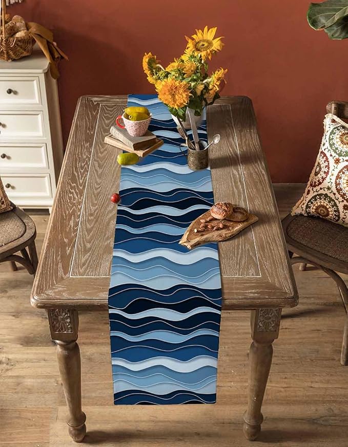 Abstract Blue Moire Table Runners 90 Inches Long, Cotton Linen Fabric Table - Image 4