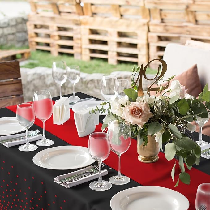 8Pack Disposable Plastic Party Tablecloths and Satin Table Runner Set Black and - Image 6