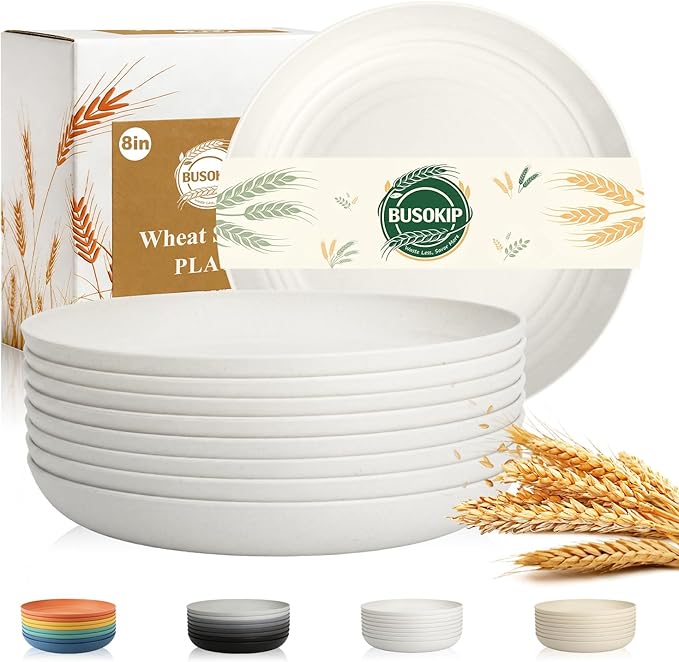 Wheat Straw Plate 8 Inch, Kids Plates Set of 8, Unbreakable Kitchen Plates by BUSOKIP